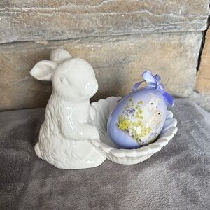 BRAND NEW- Ceramic Bunny with Flower - and Decorative Egg